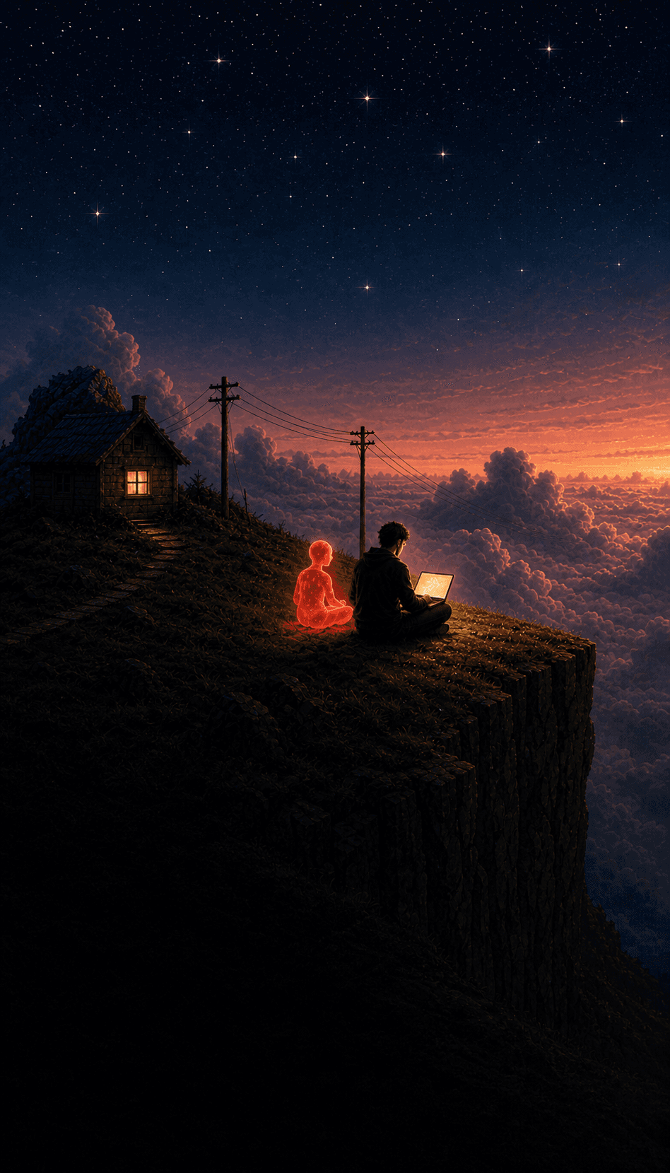 A marketer and a glowing red AI co-pilot sit side by side on a cliff at twilight, watching the next quarter unfold.
